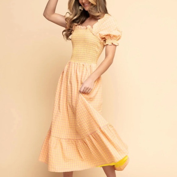 NWT Rachel Parcell Smocked Gingham Print Midi Dress with Pockets - Picture 3 of 7